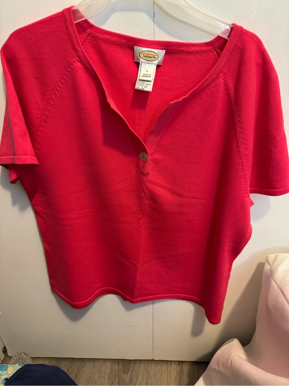 Talbots Vibrant Pink Short-Sleeve Henley Top Sz Lg.